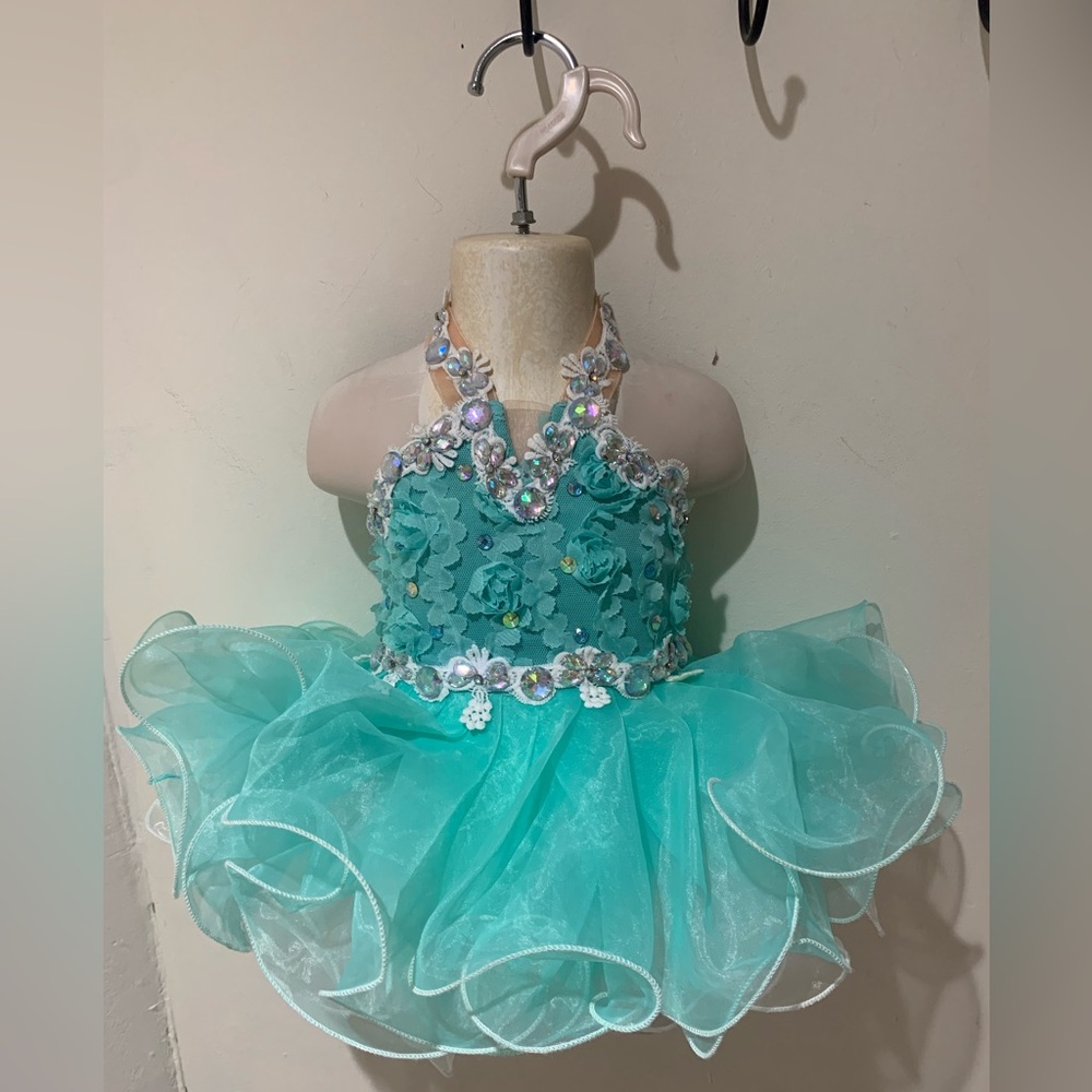 9/12 Months Aqua Minty Green & White Cupcake Pageant Dress W/headband & Bow NWT